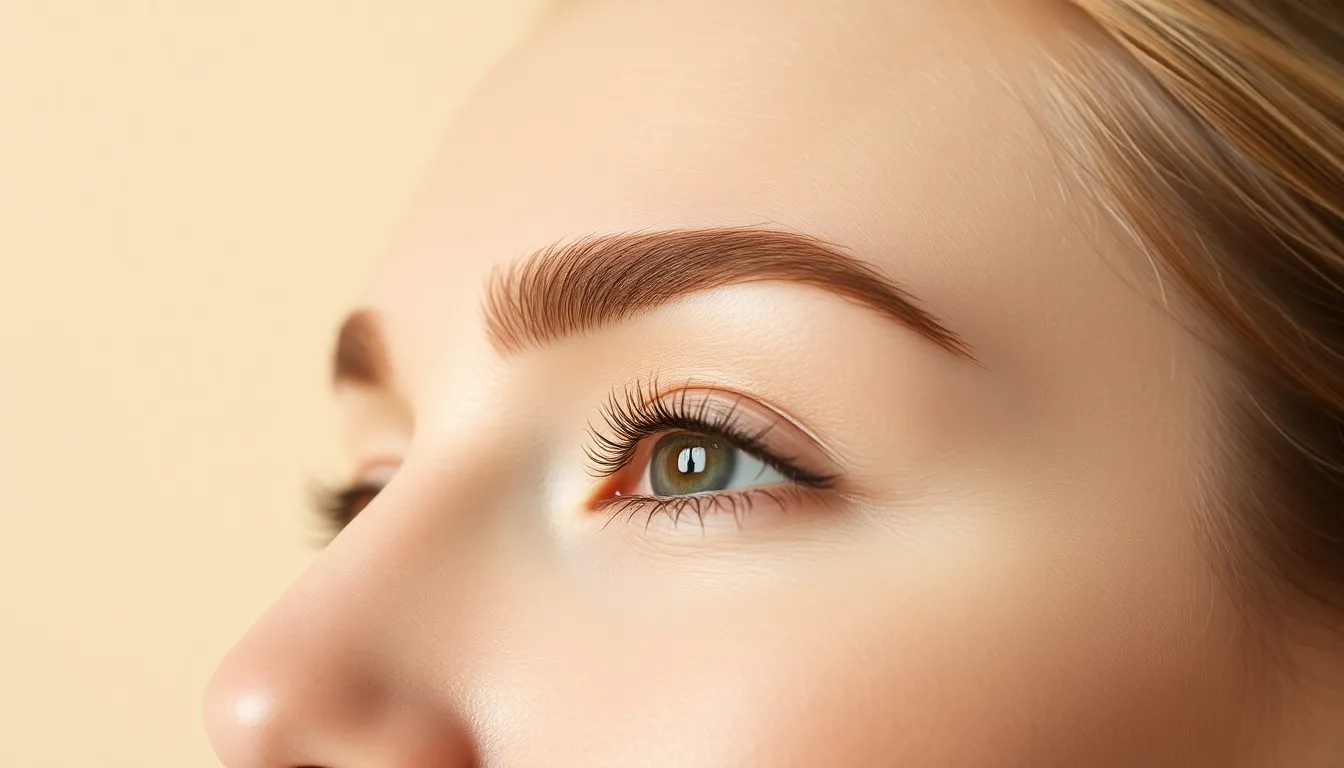 Close-up of natural-looking eyebrow embroidery touch up result on a woman with clear skin, showing precise hair strokes in soft studio lighting
