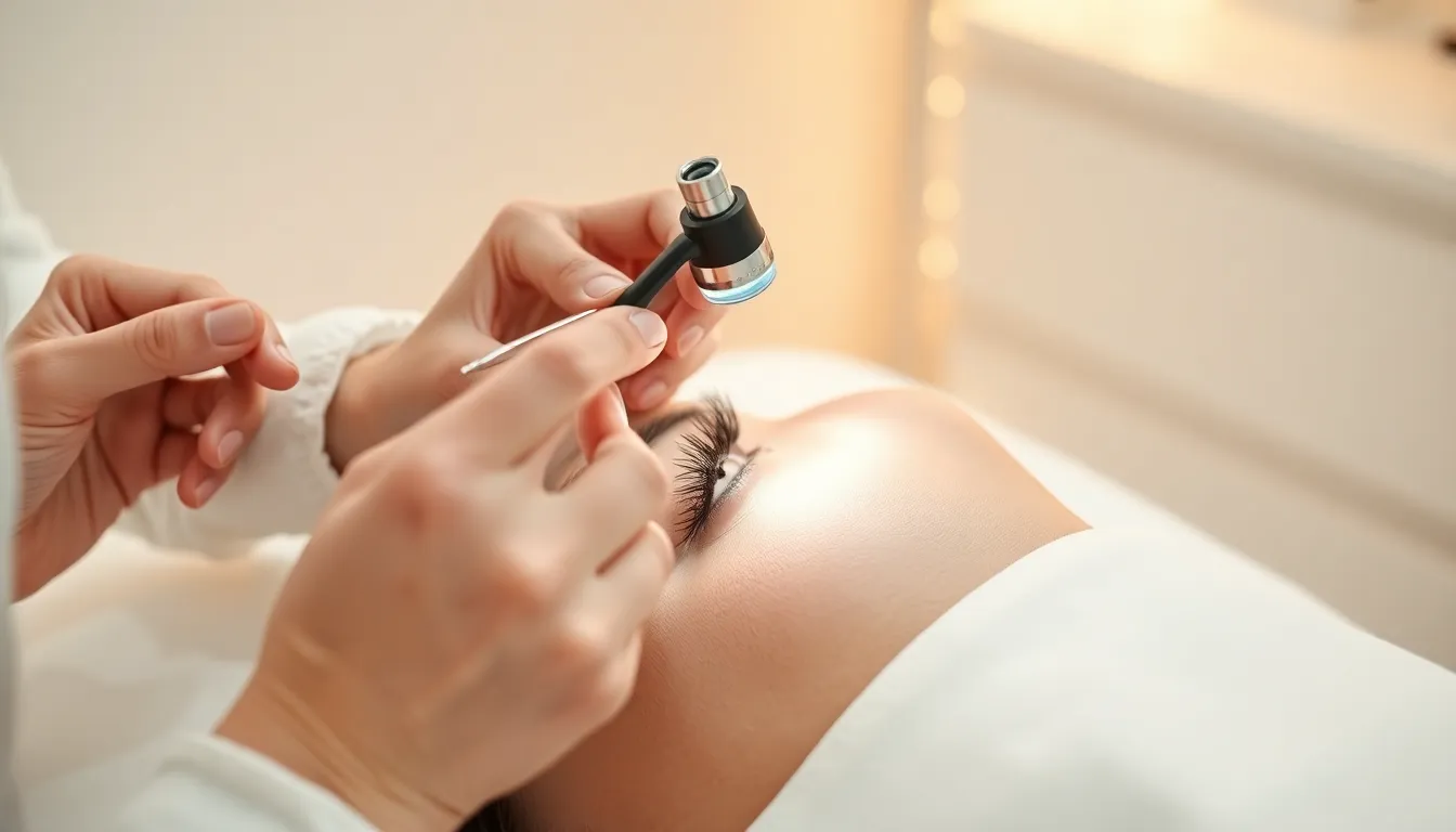 Lash artist using LED light for lash extensions during professional application at a Singapore lash studio